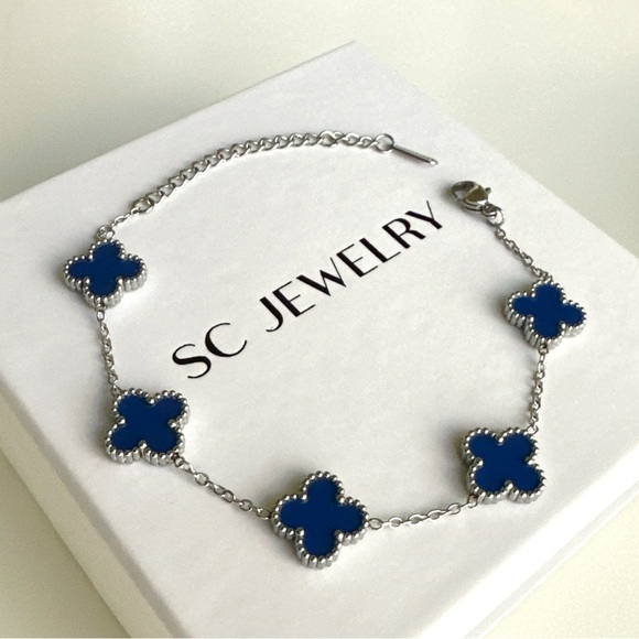 🎄 HOLIDAY PICK 🎄 Clover Bracelet Royal Blue & Silver Double Sided Four Leaf - Picture 8 of 13